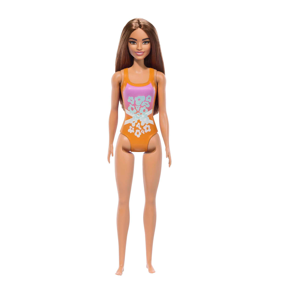 Beach Barbie Doll With Light Brown Hair Wearing Tropical Pink And Orange Swimsuit